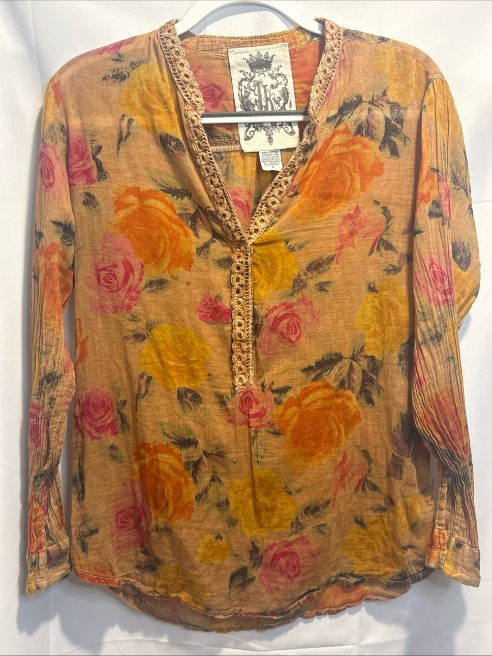Floral Crochet-Trim Tunic Top - Pink & Mustard